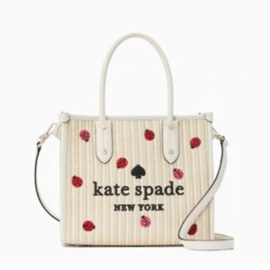 Kate Spade Ella Dottie Ladybug Embroidered Straw/Leather Small Tote (Rare, NWT)